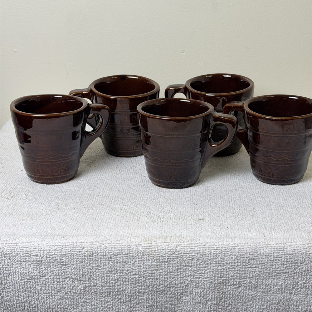 5 x Vintage USA Brown Stoneware Square Handle Embossed Glazed Coffee Tea Mug Cup
